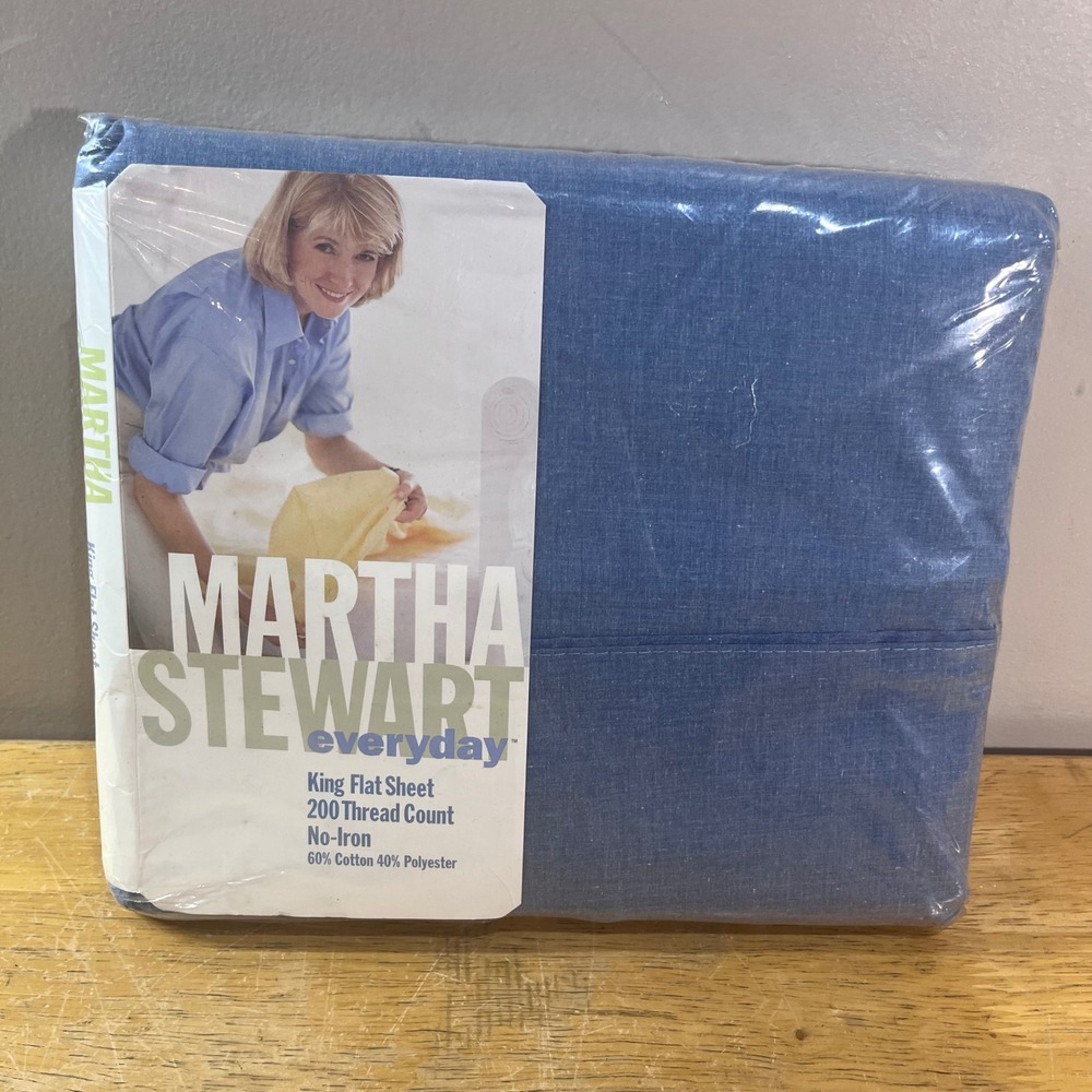 Martha Stewart Everyday King Flat Sheet Blue Indigo Denim New Vtg No-Iron